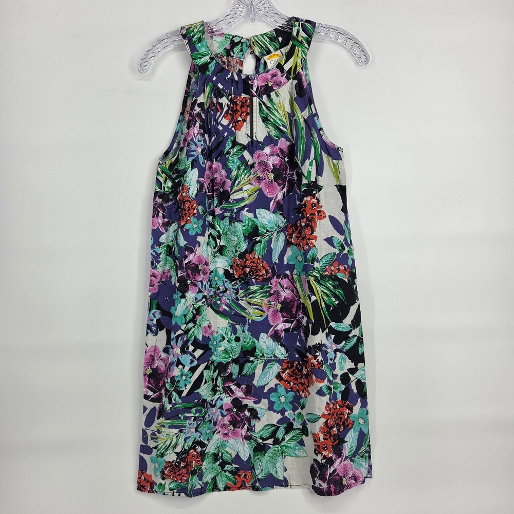 C&C California Linen Mini Dress XS Purple Floral Tropical Halter Boho Summer